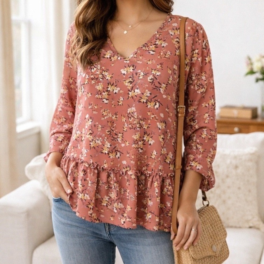 Pleione Floral Peplum Blouse Medium Pink V Neck Long Sleeve Top Cottagecore